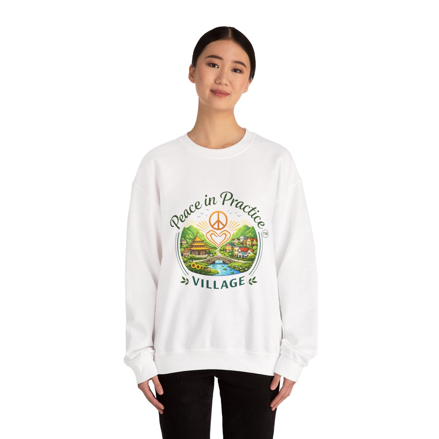 Peace in Practice Village Sweatshirt — Cozy Peace Sign & Countryside Illustration